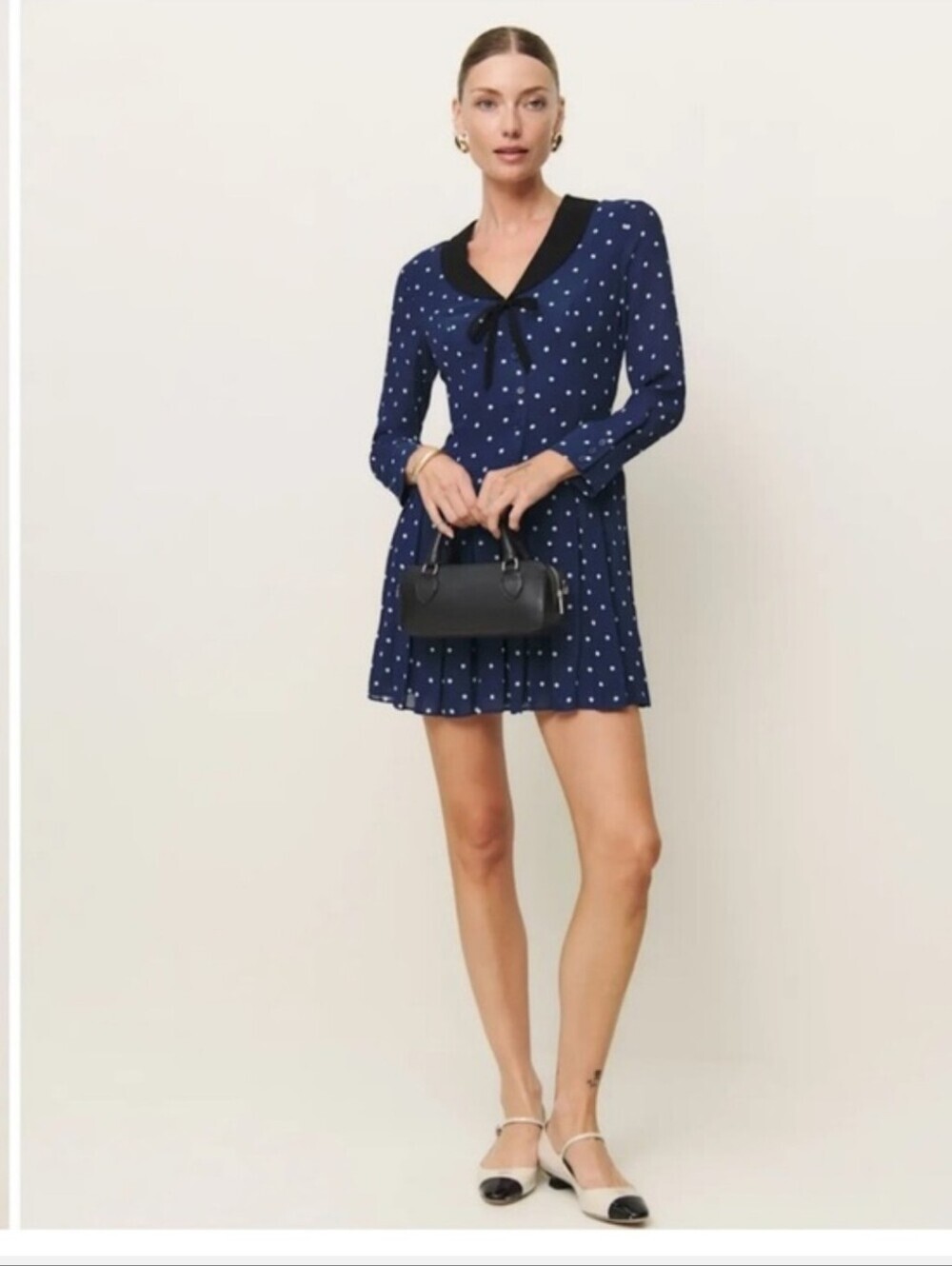 New Reformation Tamia Navy Danube Polka Dot Tie-Neck Pleated Short Dress Size 6